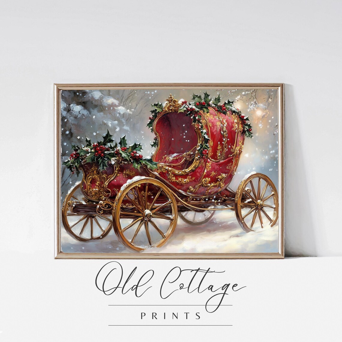 Red Vintage Horse Carriage Holly Snowy Day Christmas Painting Poster