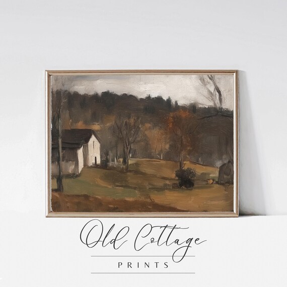White Cottage in Rolling Autumn Hills Vintage Countryside Art Poster