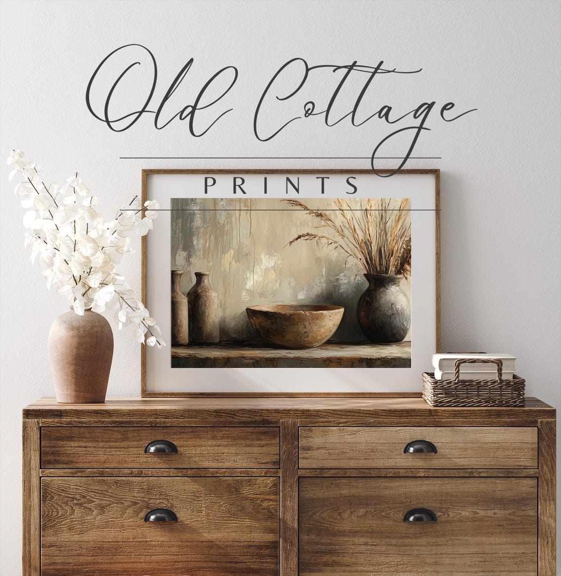 Rustic Earthen Still Life Bottles Bowl Vase with Dried Grasses Poster - Image 4