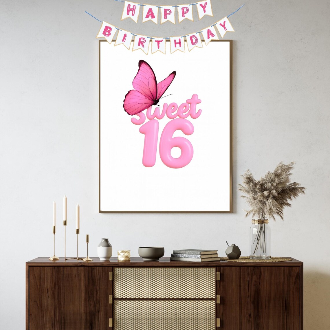 Sweet 16 Pink Balloon Letters Butterfly Birthday Party Poster