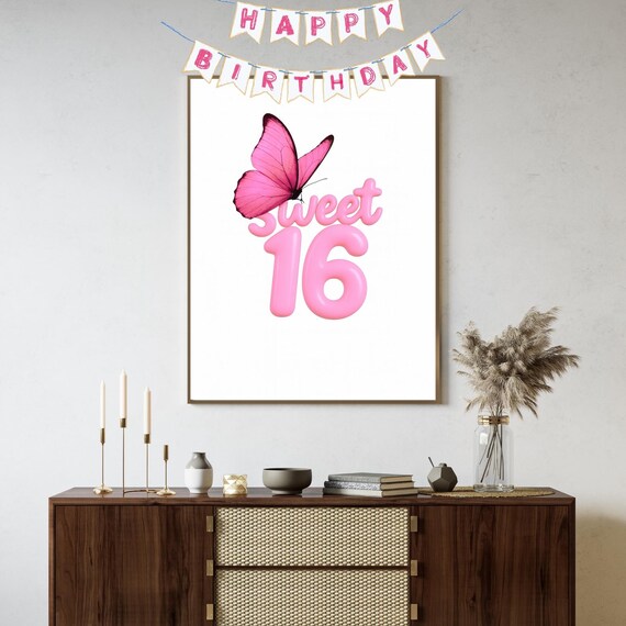 Sweet 16 Pink Balloon Letters Butterfly Birthday Party Poster