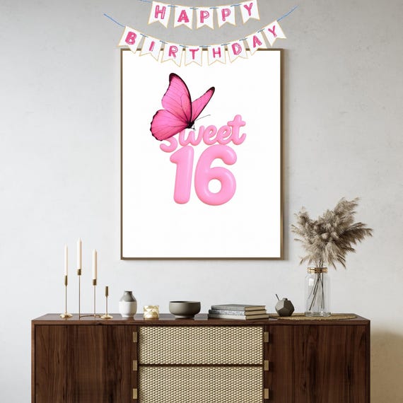 Sweet 16 Wall Art Pink Birthday Decor For Teen Girl Feminine Room Print Gift Daughter Poster Balloon Letter