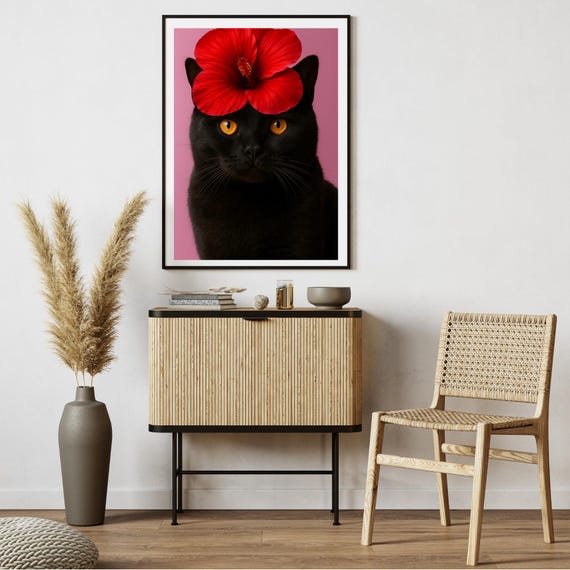 Black Cat Wall Art Portrait Floral Print Stylish Decor Glam Photography Lover Gift Holiday