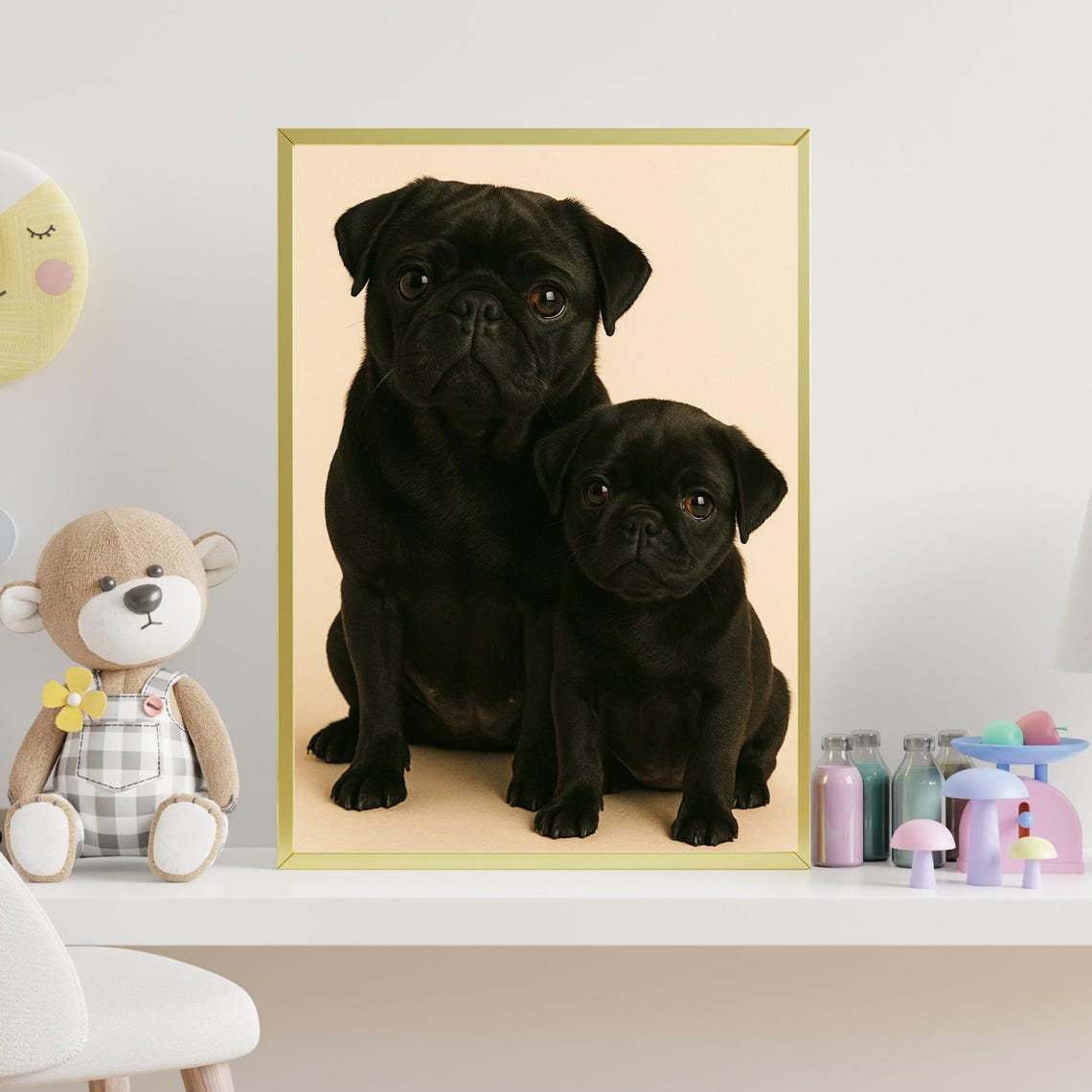 Black Pug Pair Studio Portrait on Warm Beige Backdrop Dog Wall Art