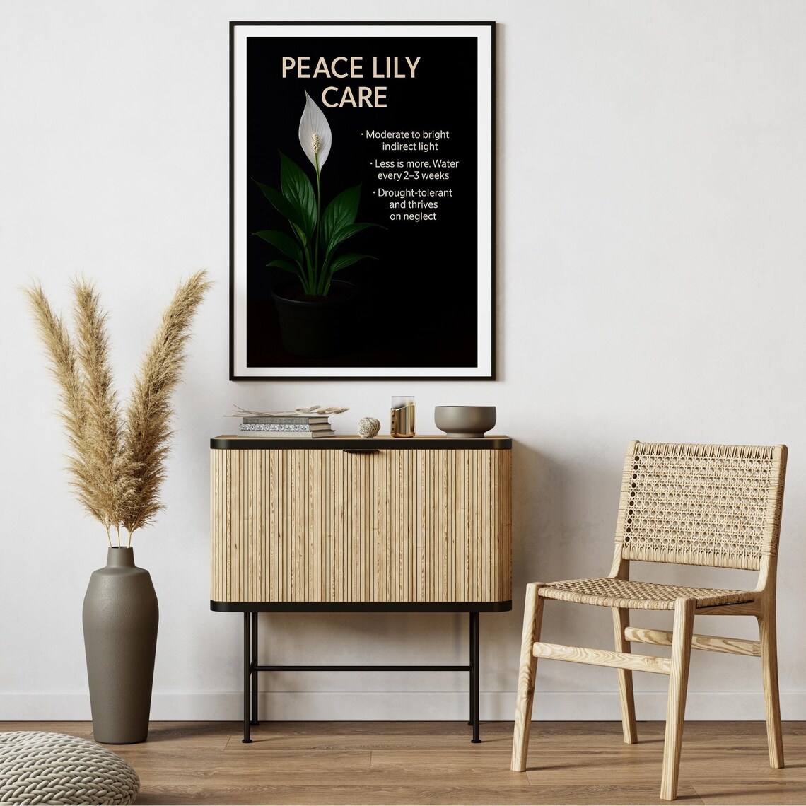 Peace Lily Care Poster Minimalist Black Botanical Houseplant Tips Decor