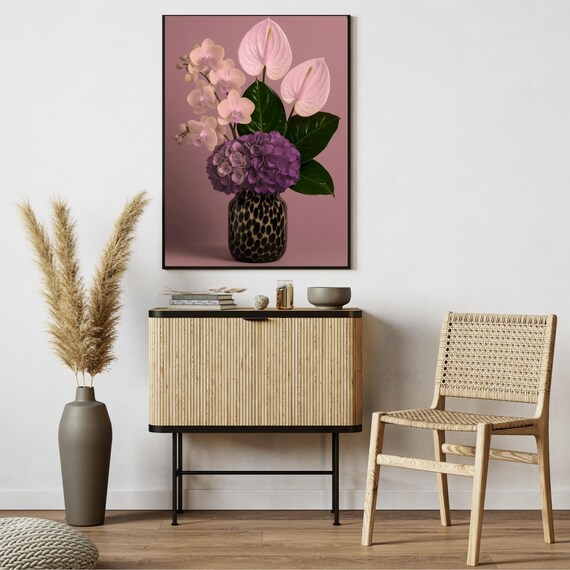Dusty Rose And Lavender Floral Wall Art Orchid Anthurium Hydrangea Print Pink Purple Botanical Vase Poster Color Home Decor