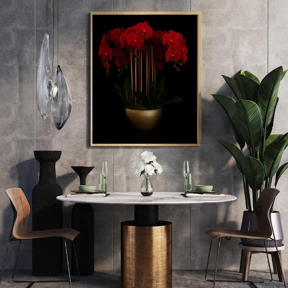 Red Orchid Gold Pot Black Background Dramatic Floral Photo Poster