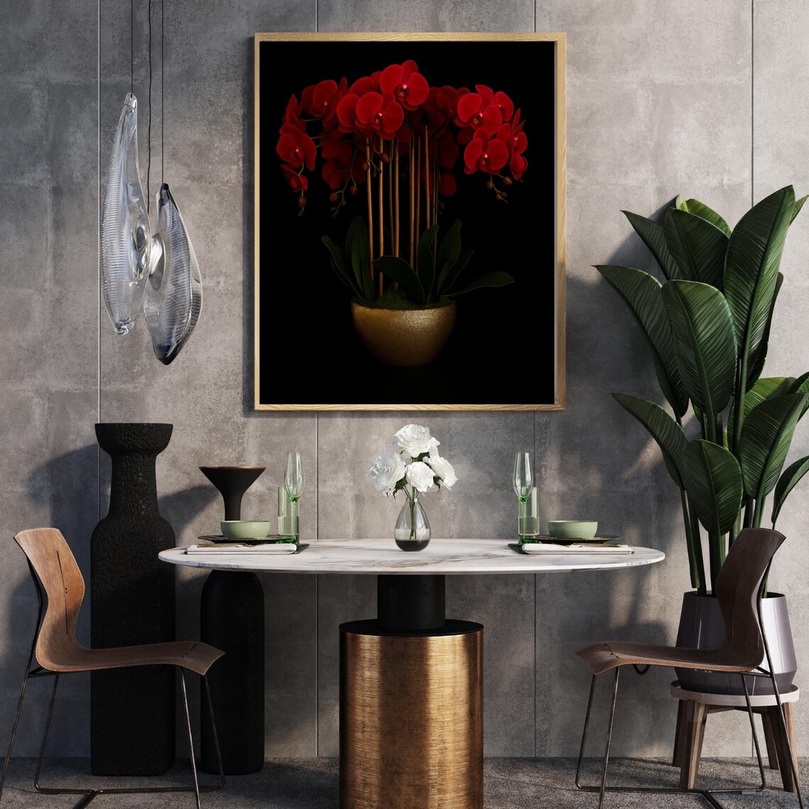 Red Orchid Gold Pot Black Background Dramatic Floral Photo Poster