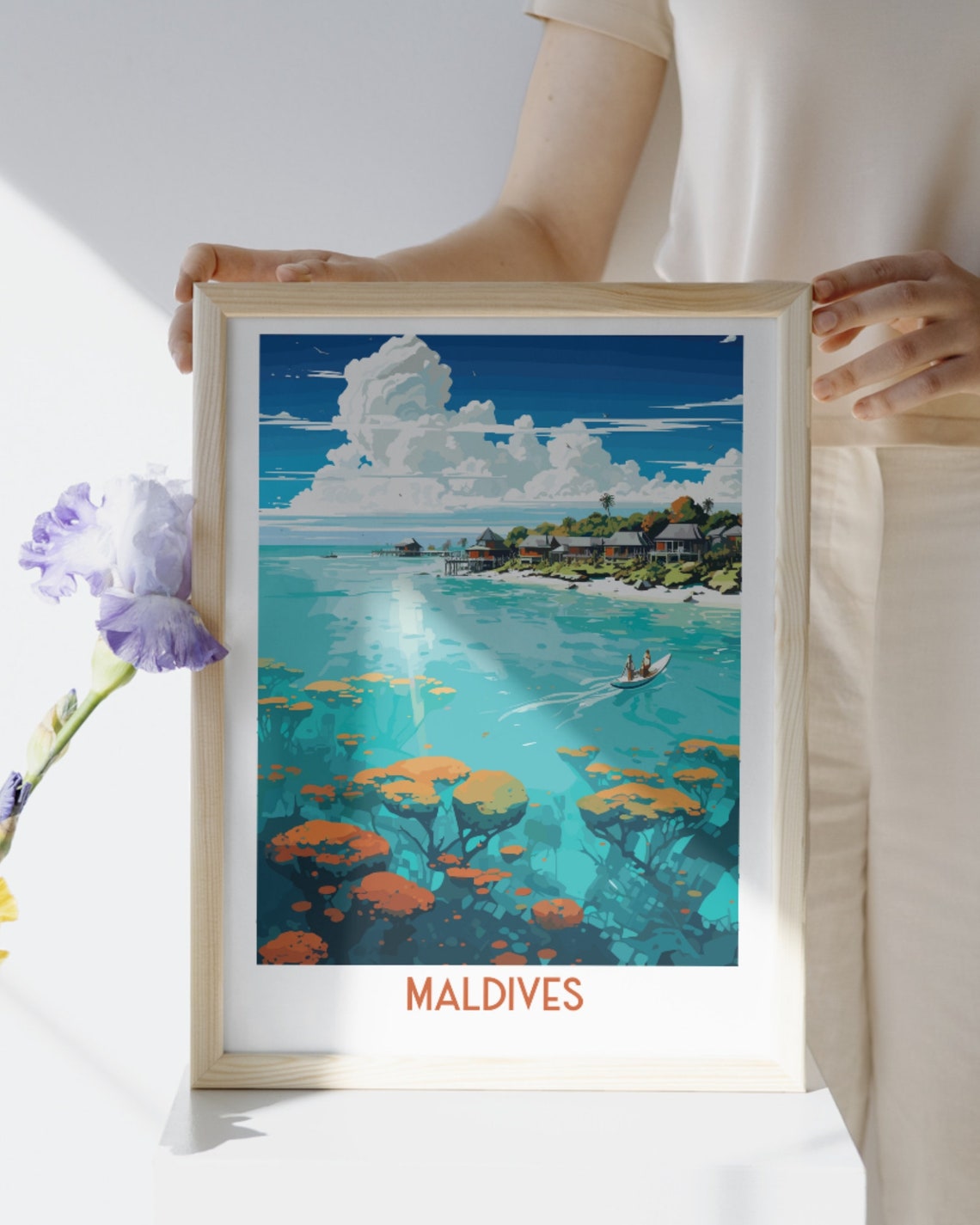 Maldives Tropical Lagoon Overwater Bungalows Coral Reef Travel Poster