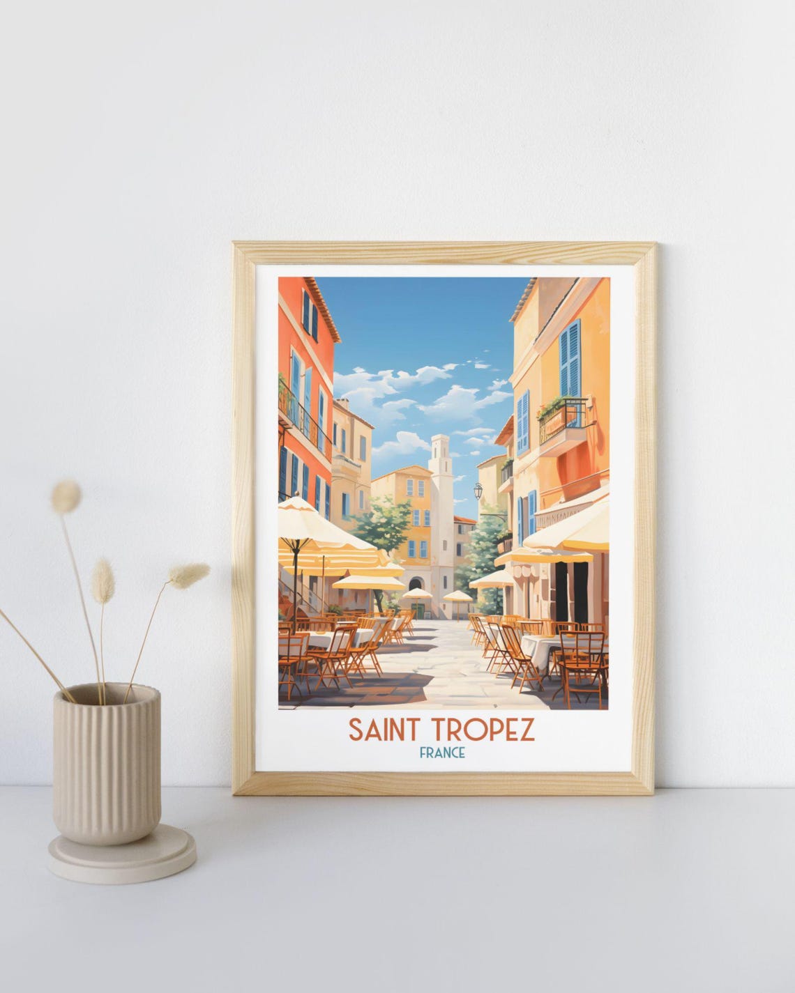 Saint Tropez France Sunlit Cafe Square and Tower Travel Art Print