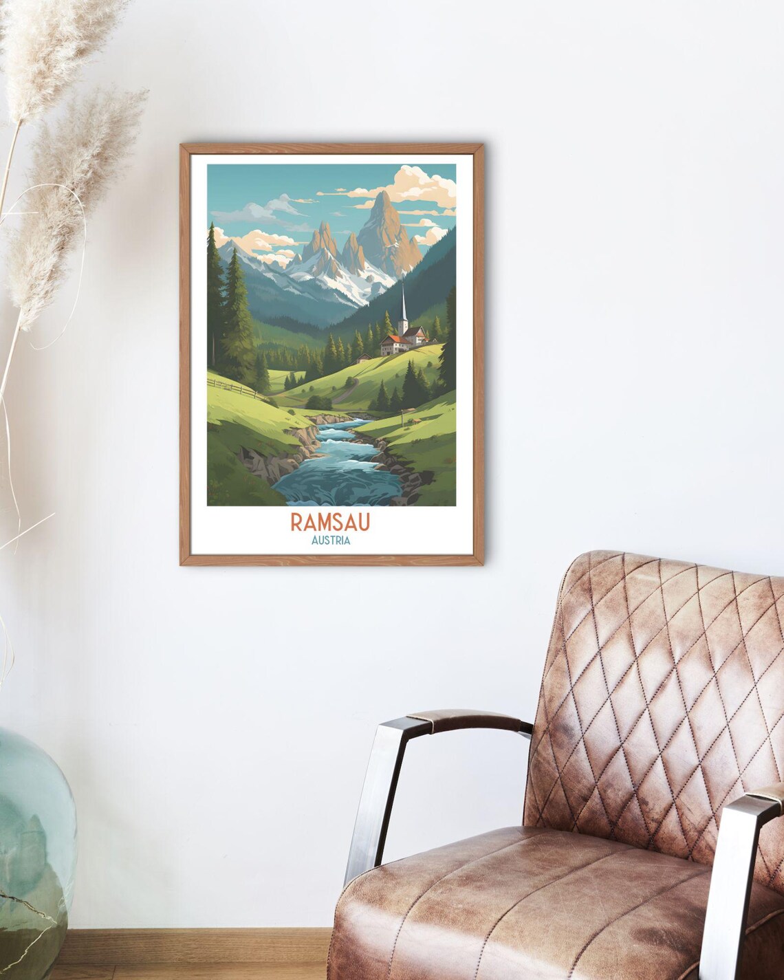 Ramsau Austria Alpine Valley Church and Mountain Stream Travel Art Print - Image 2