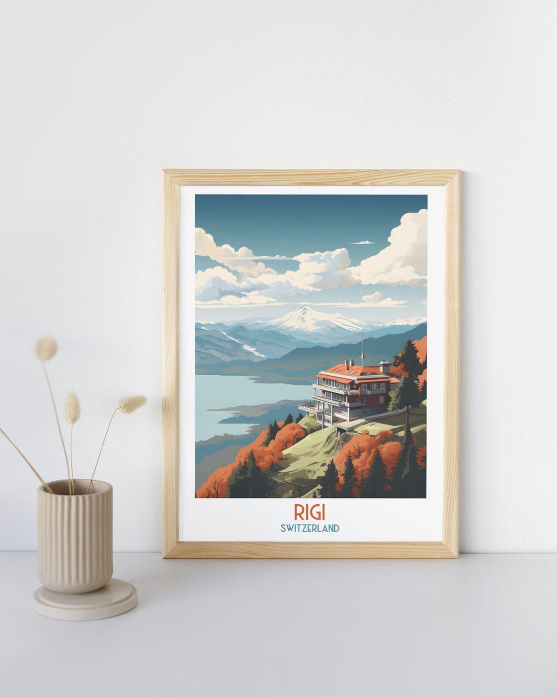 Rigi Switzerland Mountain Hotel Above Lake and Snow Peaks Print