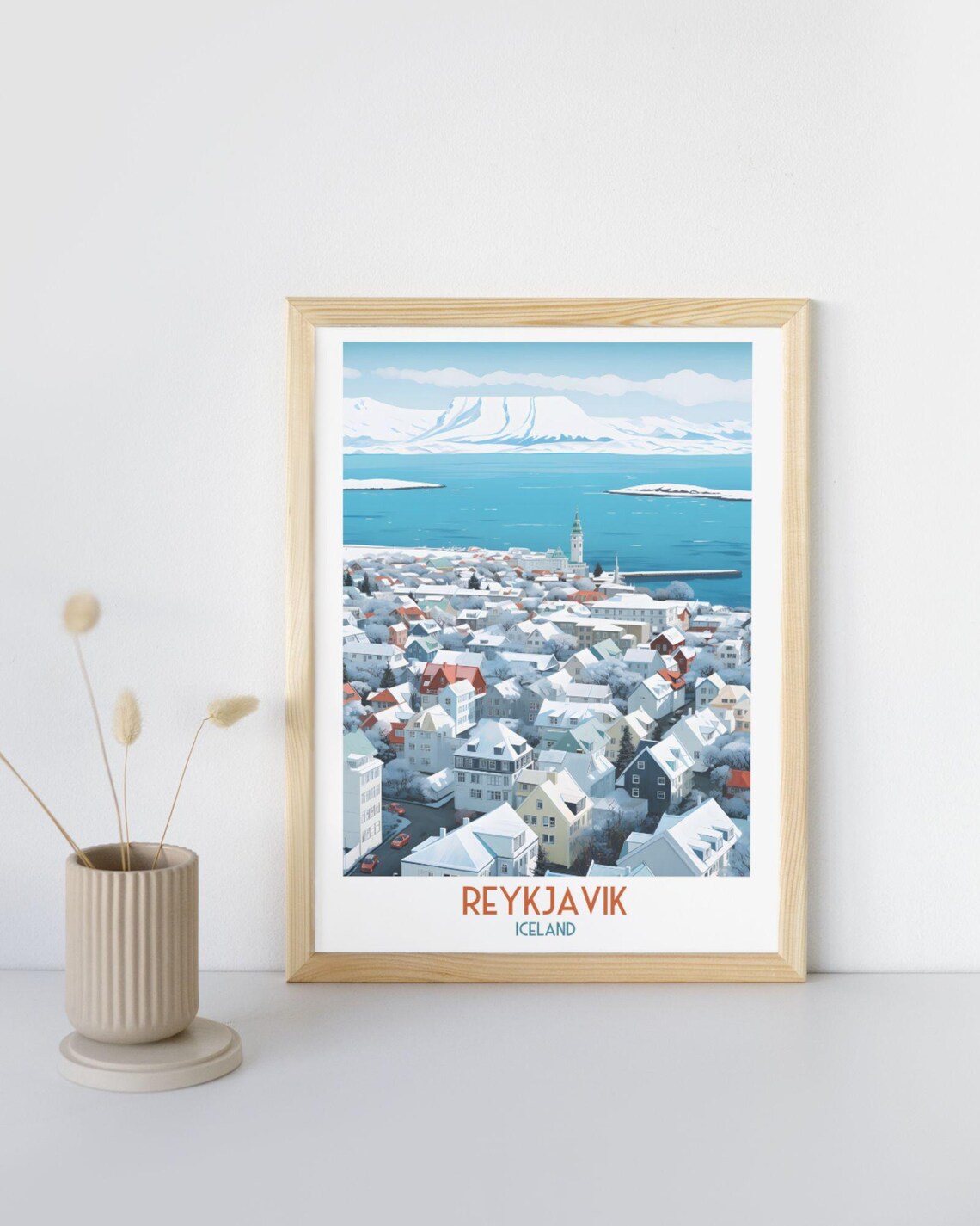 Reykjavik Iceland Winter City Panorama by the Icy Bay Travel Print
