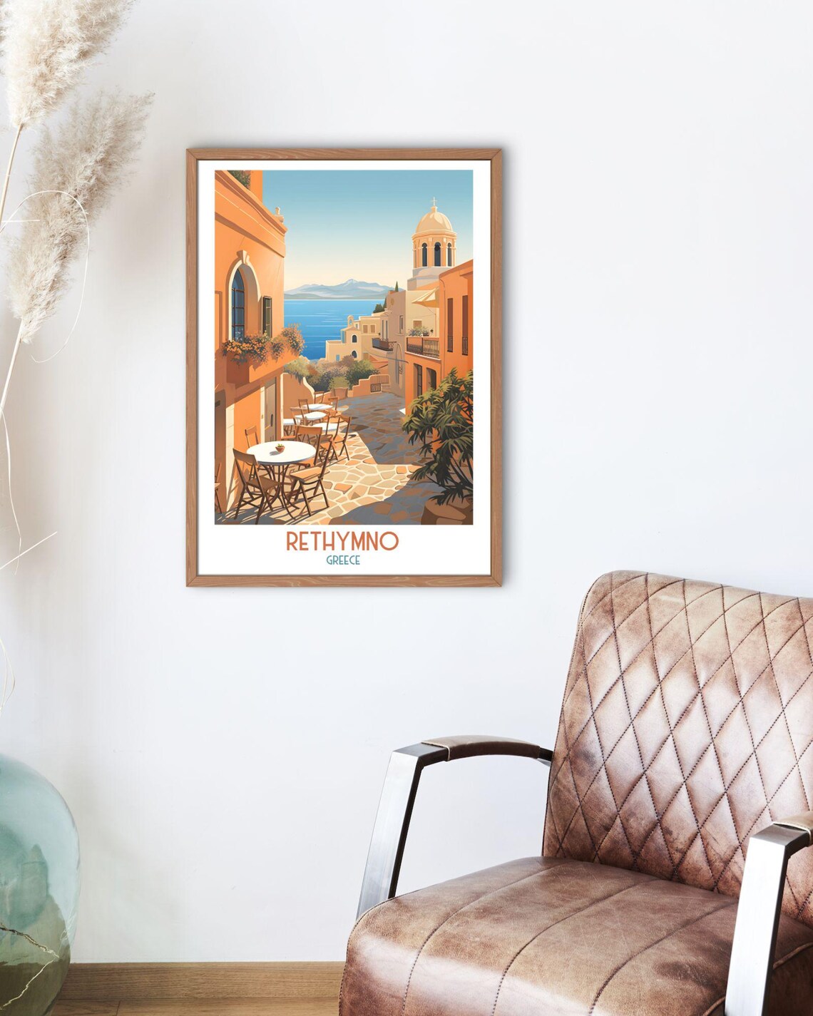 Rethymno Greece Cobblestone Cafe Street With Sea View Travel Art Print - Image 2