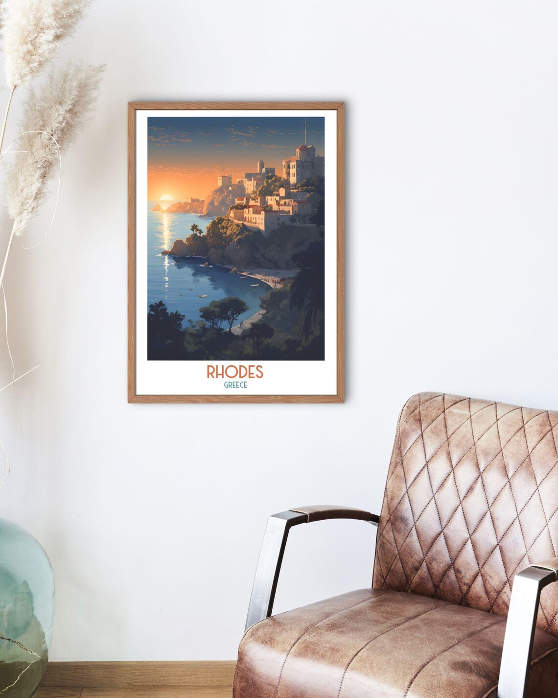 Rhodes Greece Sunset Over Bay and Hillside Town Travel Art Print - Image 2