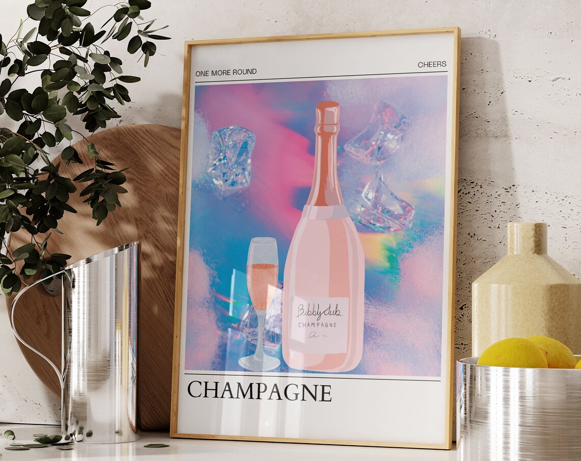 Bubbly Club Champagne Pink One More Round Retro Home Bar Poster