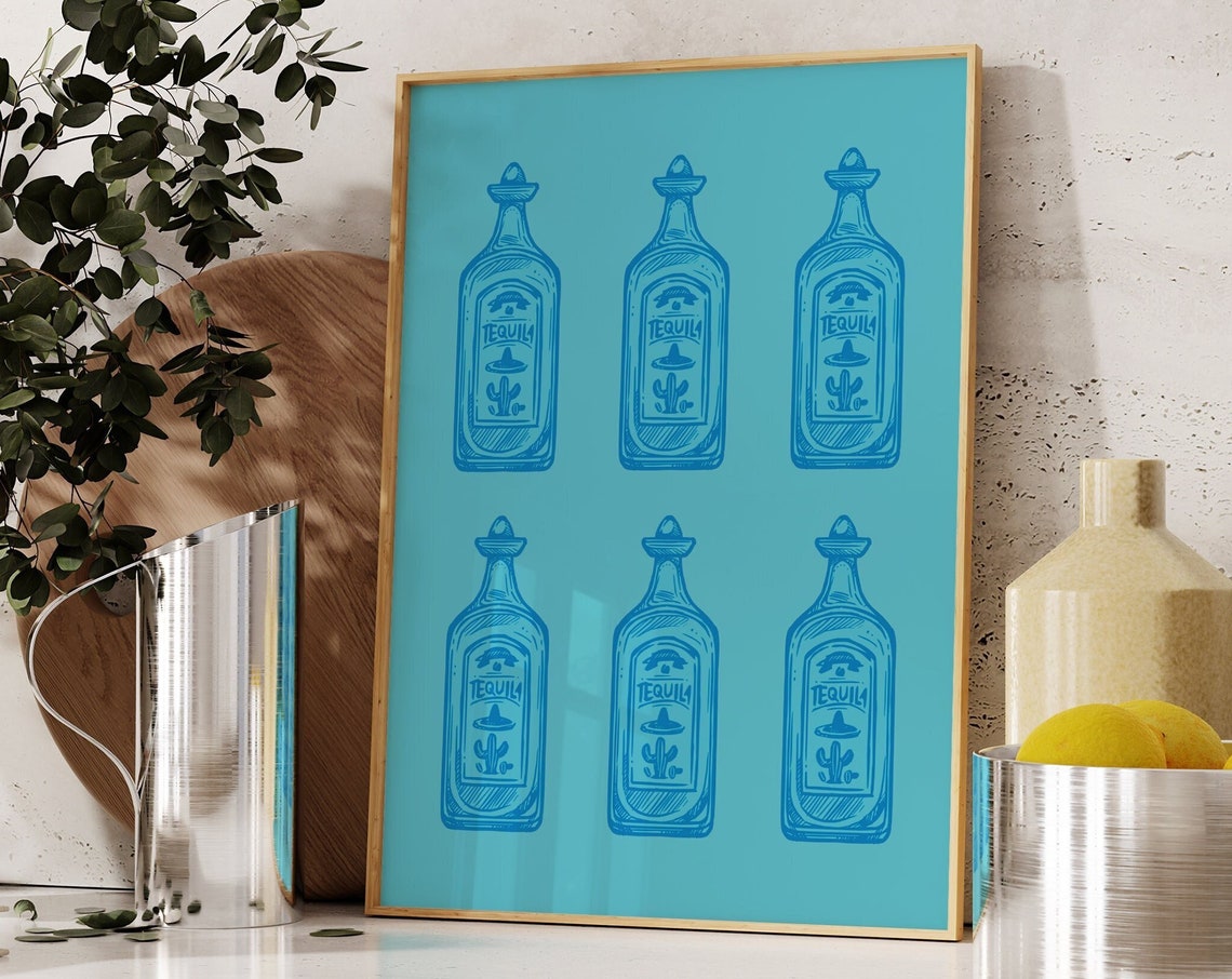 Tequila Bottle Six Pack Blue Line Art Turquoise Bar Decor Poster