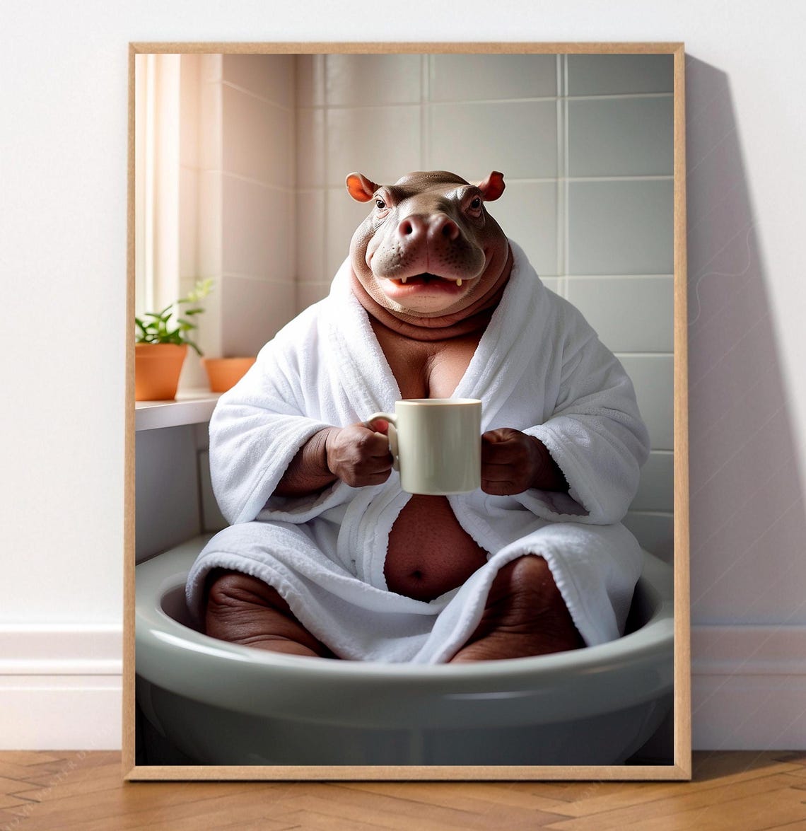 Hippo In Bathrobe With Coffee Mug In Bathtub Funny Bathroom Poster