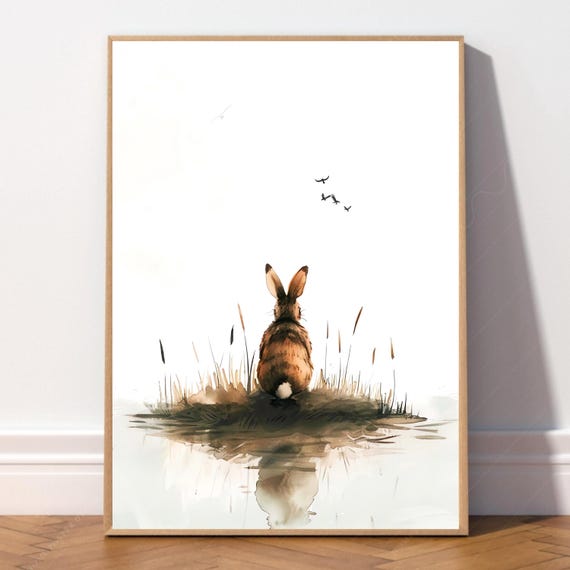 Rabbit On Island Vintage Watercolor Painting Print Gift For Lover Cute Art Animal Pastel Wall
