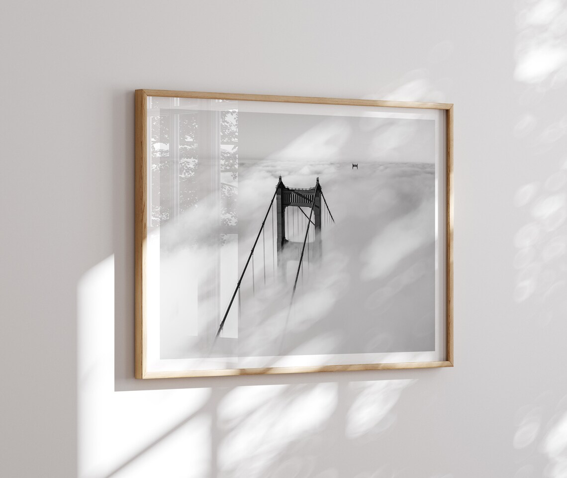 Golden Gate Bridge Fog Aerial Black And White Minimal Poster - Image 2