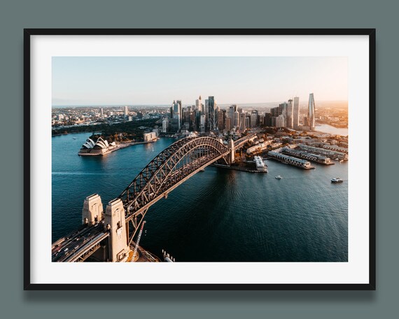 Sydney Harbour Bridge Opera House Sunset Aerial View Photography Poster