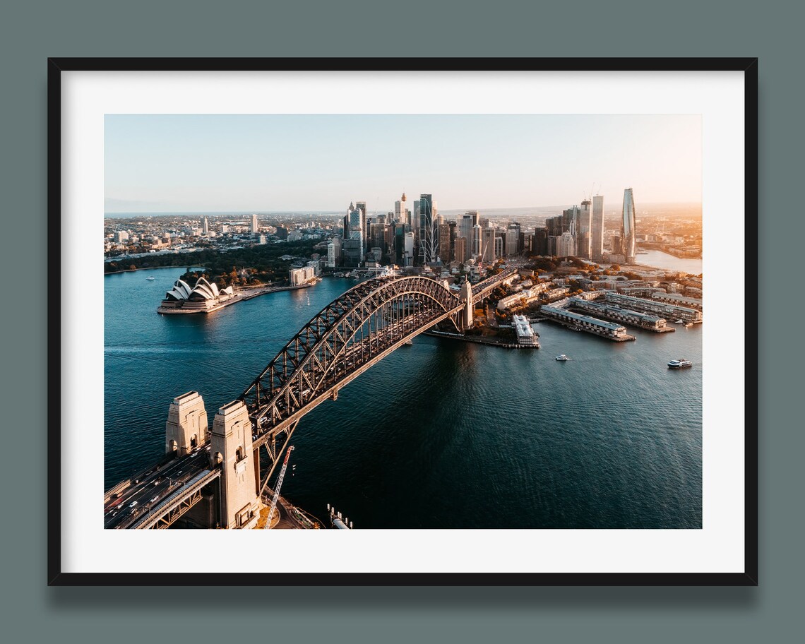 Sydney Harbour Bridge Opera House Sunset Aerial View Photography Poster