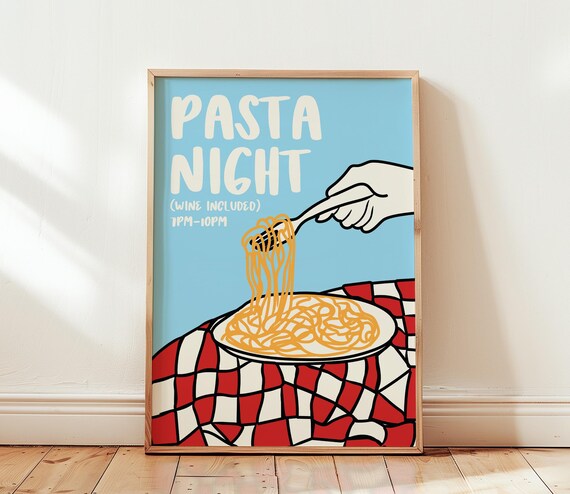 Pasta Night Wine Included Blue Pop Art Spaghetti Fork Poster