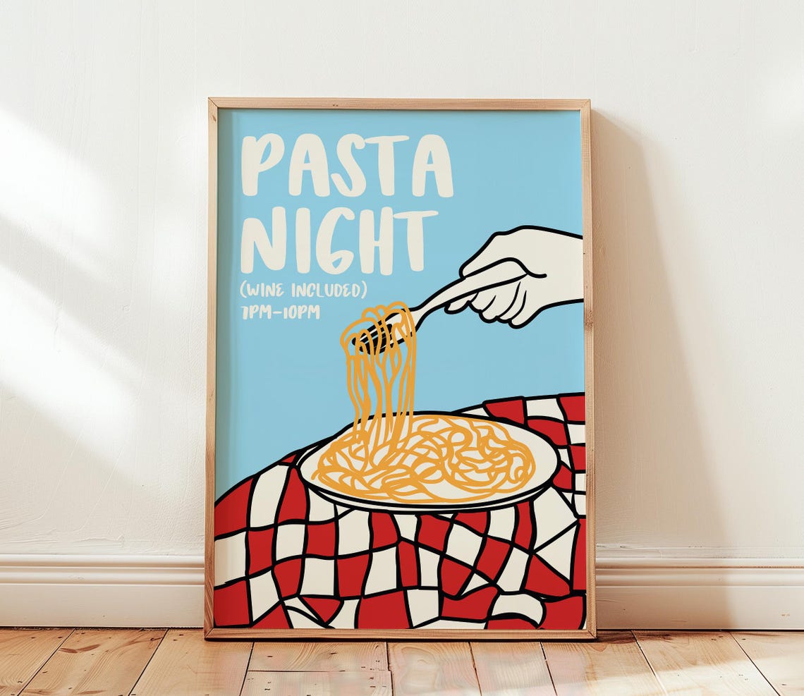 Pasta Night Wine Included Blue Pop Art Spaghetti Fork Poster