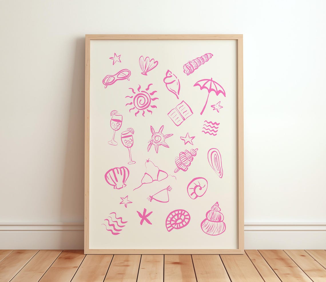 Pink Summer Doodle Beach Icons Shells Sun Coastal Art Poster