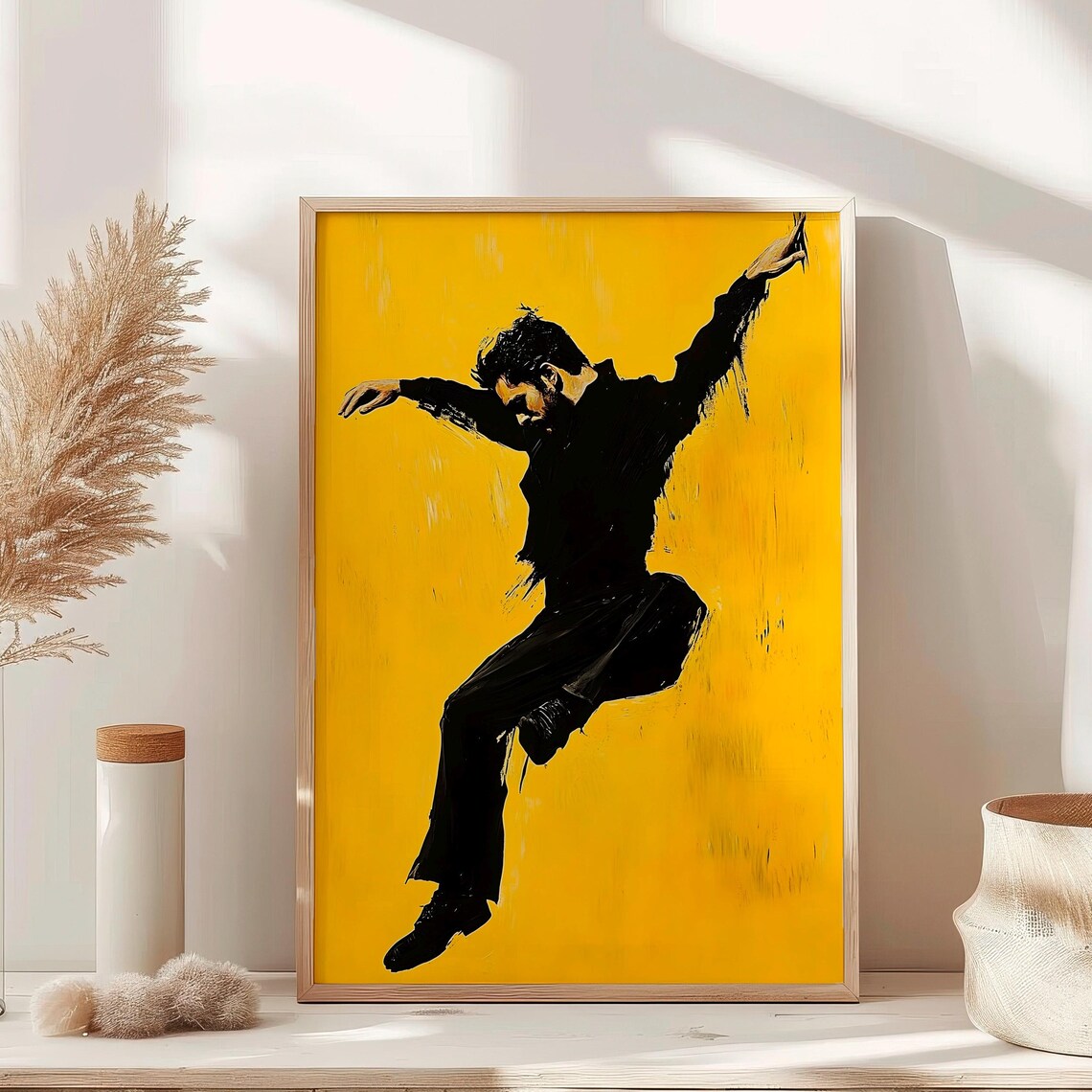 Leaping Dancer Silhouette Bold Yellow Painted Movement Poster