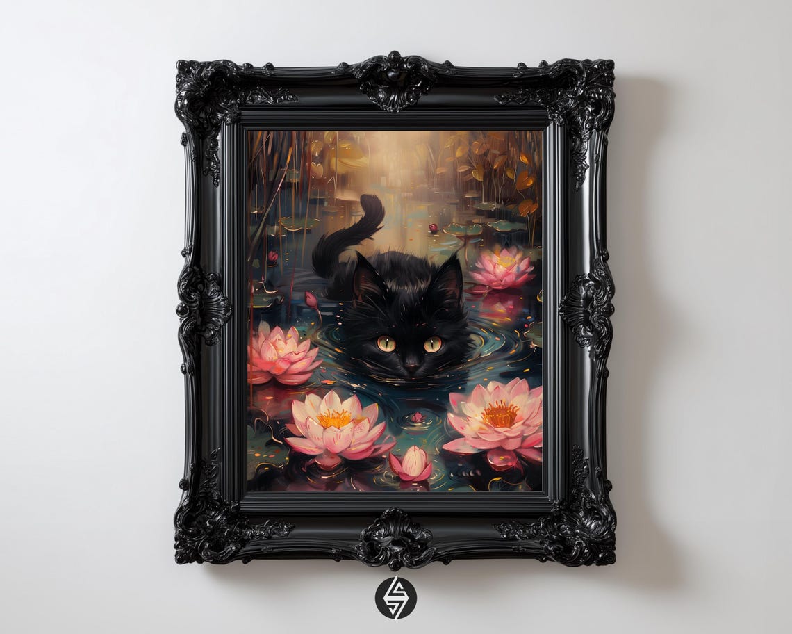 Black Cat Waterlily Pond Art Gothic Dark Academia Print