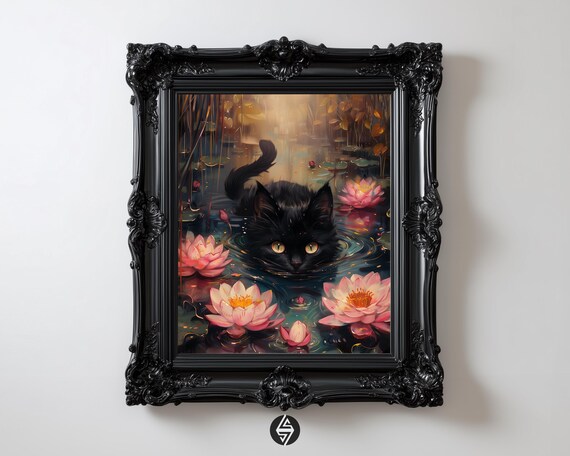 Black Cat Waterlily Pond Art Gothic Dark Academia Print