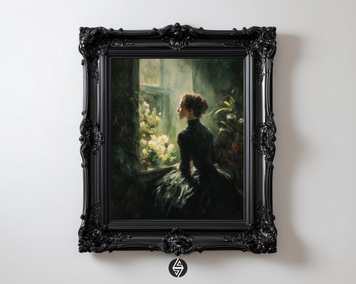 Victorian Lady By Sunlit Window Moody Floral Oil Painting Poster