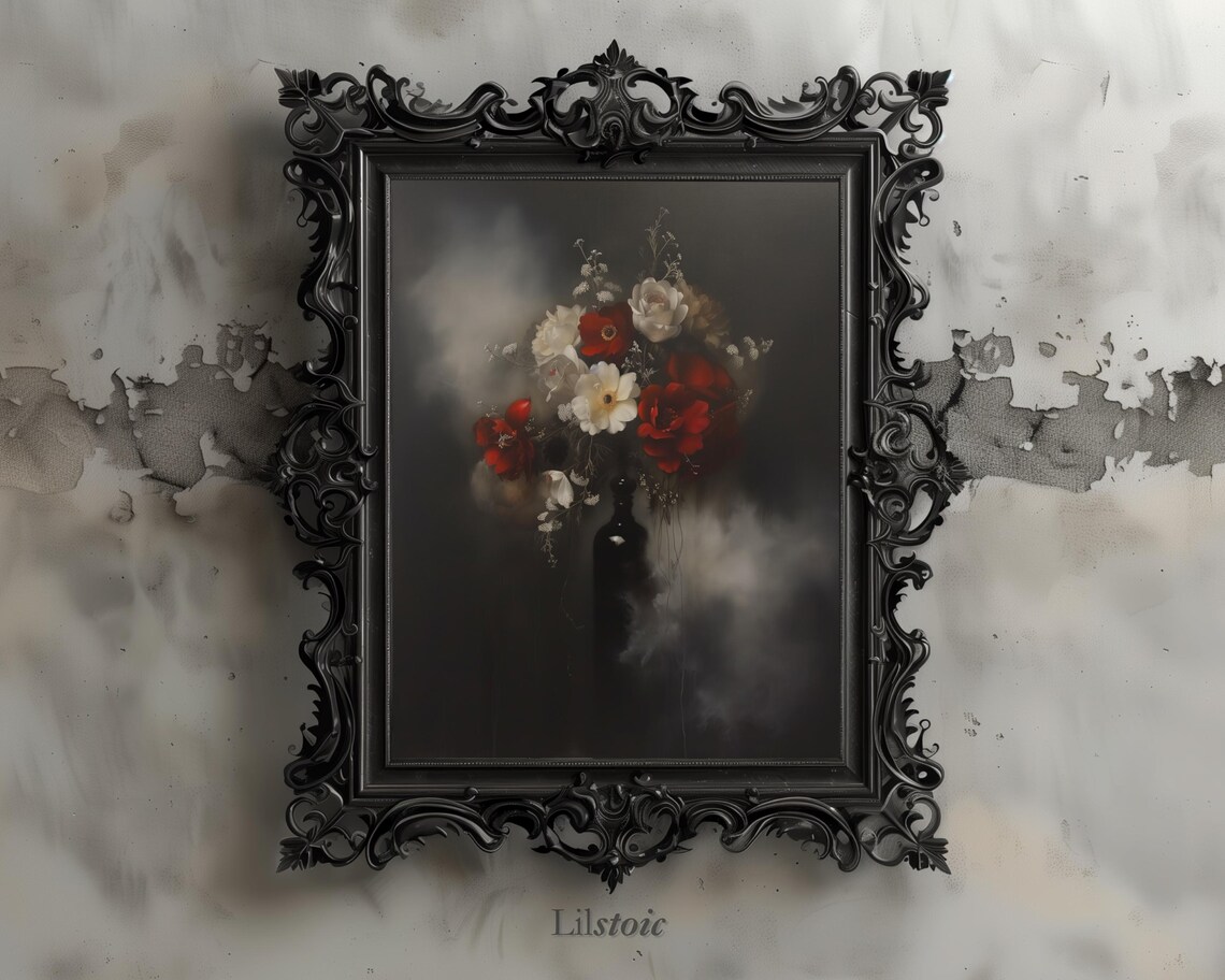 Gothic Floral Bouquet Black Bottle Moody Dark Still Life Art Poster