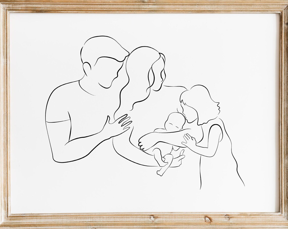 Family of Four Line Art Mom Dad Sister Newborn Baby Minimalist Poster