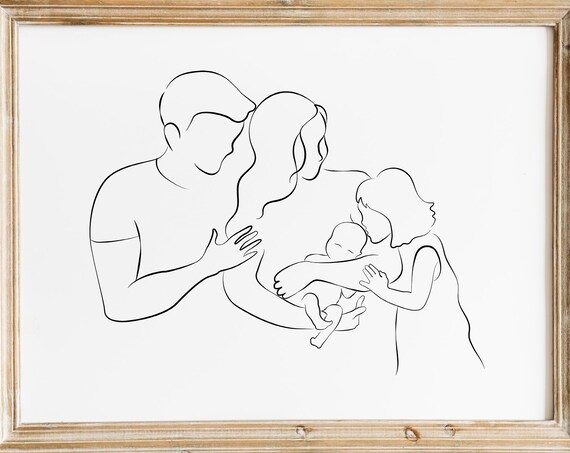 Family of Four Line Art Mom Dad Sister Newborn Baby Minimalist Poster