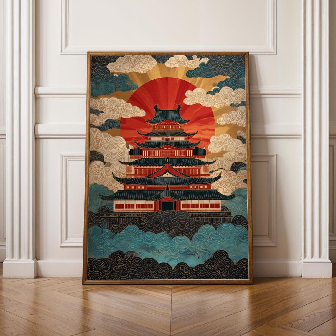 East Asian Pagoda Okinawa Art Print Japanese Travel Poster Red Teal Decor Living Room Wall Gift For Coworker Secret Santa