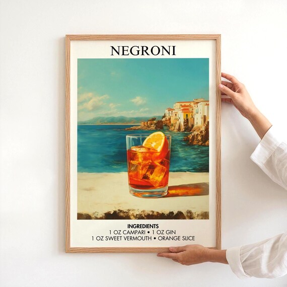 Negroni Cocktail Recipe Against Sunny Italian Coastal Town Bar Poster