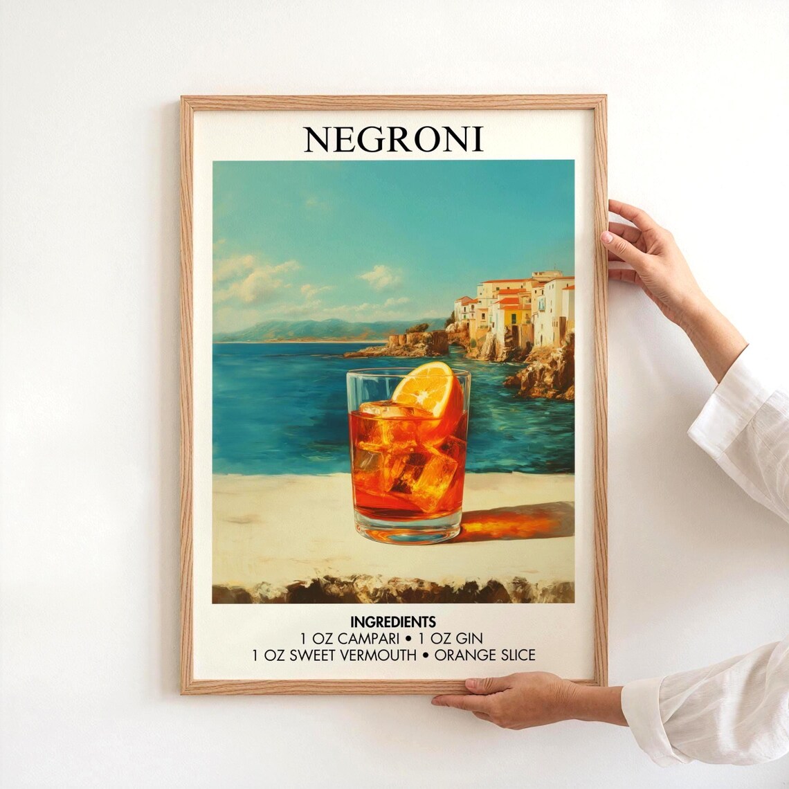 Negroni Cocktail Recipe Against Sunny Italian Coastal Town Bar Poster