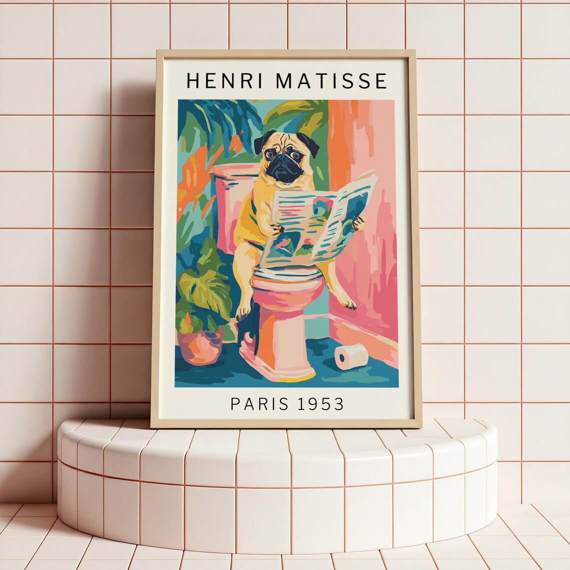 Pug Bathroom Poster, Matisse-Inspired Funny Wall Art