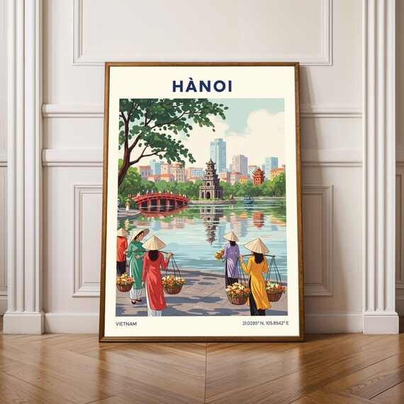 Hanoi Vietnam Hoan Kiem Lake Flower Vendors Colorful Travel Poster