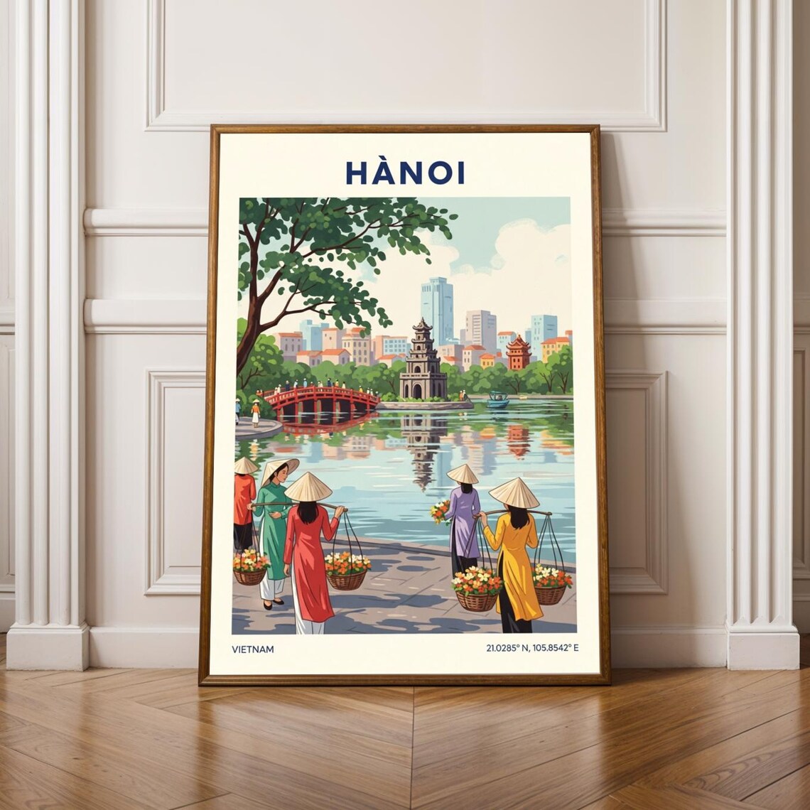 Hanoi Vietnam Hoan Kiem Lake Flower Vendors Colorful Travel Poster
