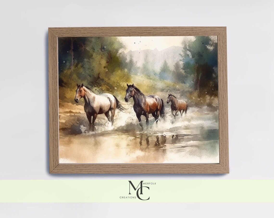 Three Wild Horses Running Through Water Watercolor Nature Poster