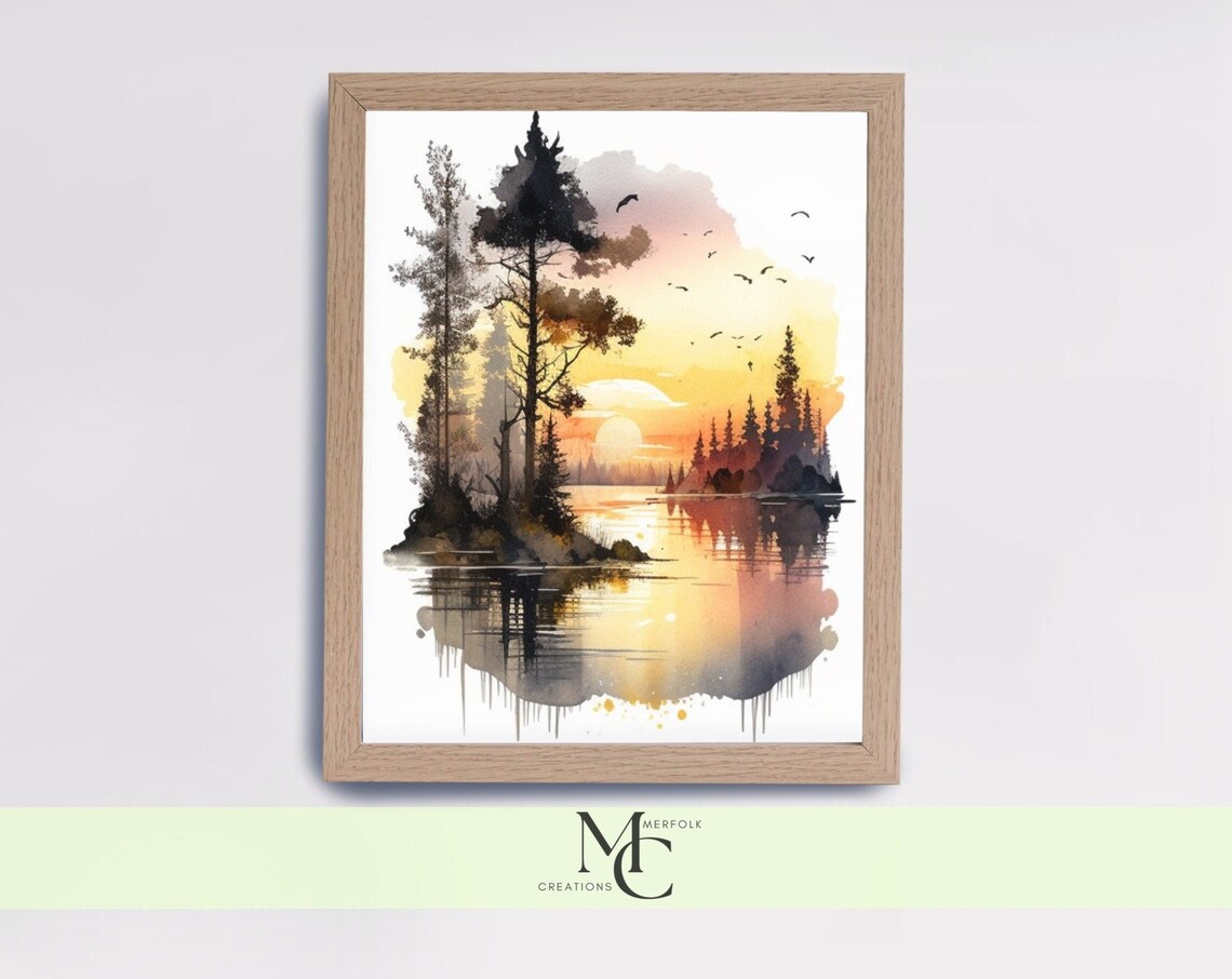 Sunset River with Pines and Birds Watercolor Landscape Poster