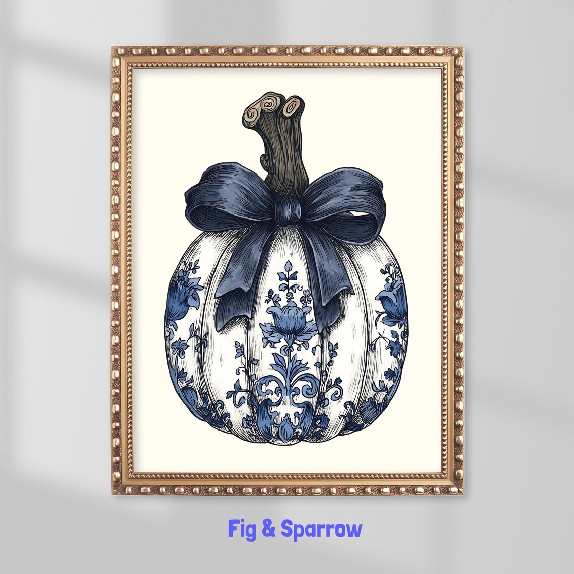 Blue Chinoiserie Pumpkin Print Elegant Coastal Farmhouse Fall Decor