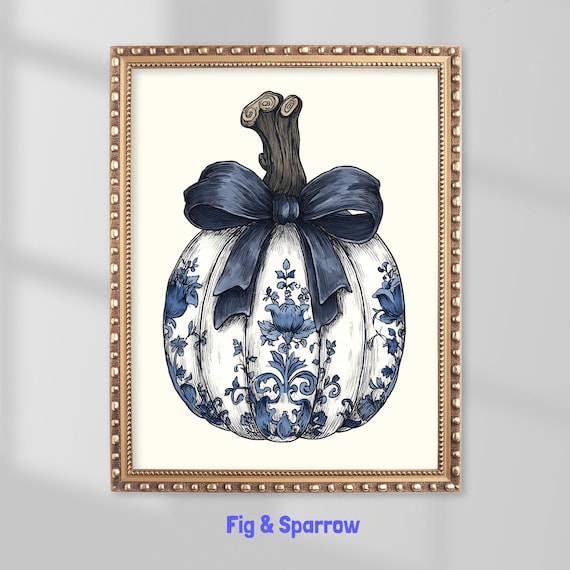 Blue Chinoiserie Pumpkin Print Elegant Coastal Farmhouse Fall Decor