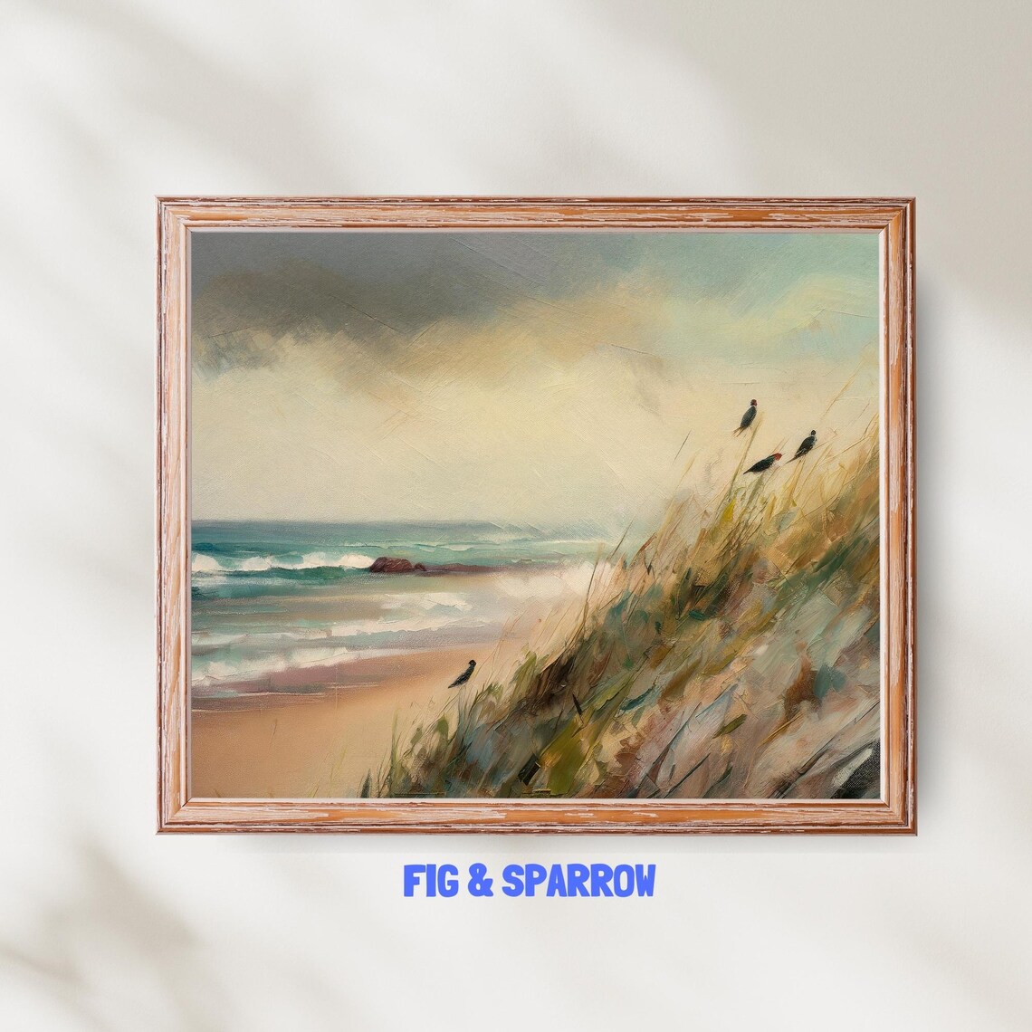 Seaside Birds on Dunes Vintage Coastal Oil Painting Beach Scene Wall Art