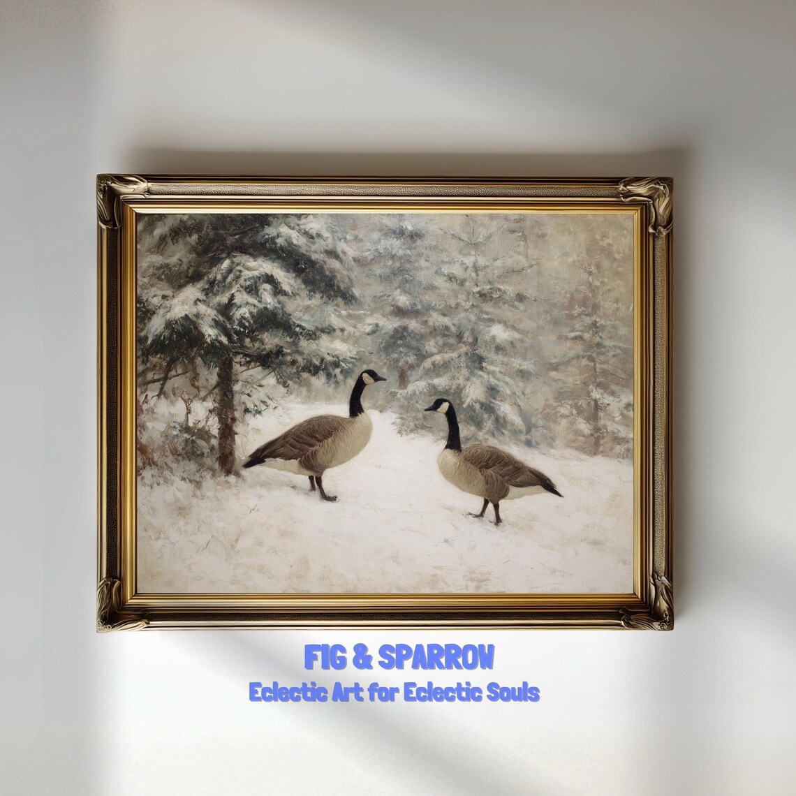 Winter Geese in Snowy Forest Vintage Style Oil Painting Print