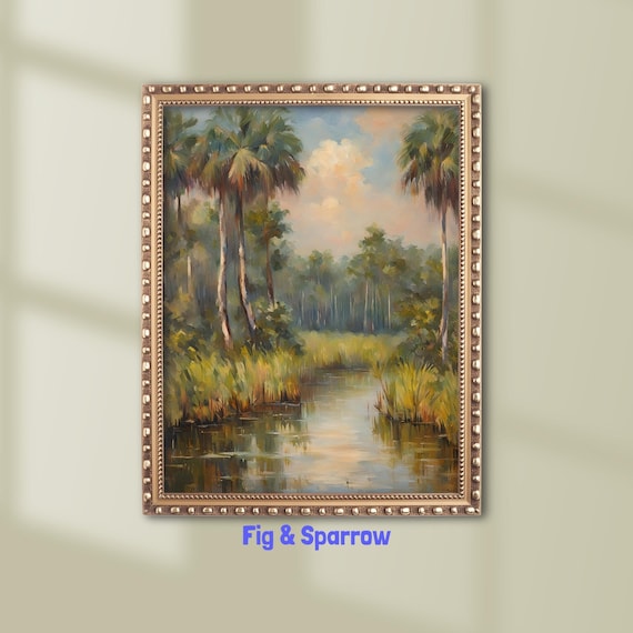 Palm Trees Along Quiet Creek Vintage Oil Painting Landscape Print