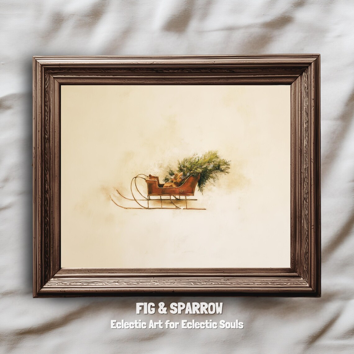 Vintage Red Sleigh Carrying Christmas Tree Cream Background Poster